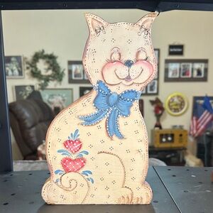 Handcrafted Door Stop Wooden Cat  with Blue Accents Cottage Core Home Decor
